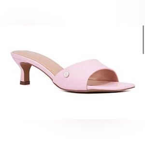 New York & Company Women's Pink Leather Open Toe Square Toe Sandals